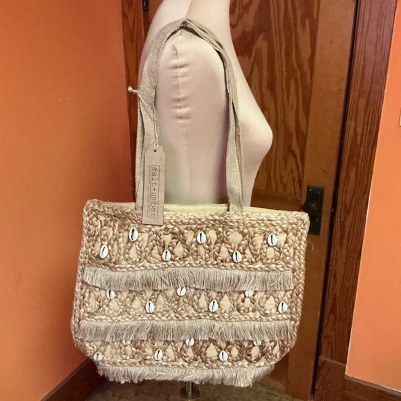 Salt & Umber Woven Straw Tote Bag Shell Detail Fringe Boho NWT - Picture 10 of 11